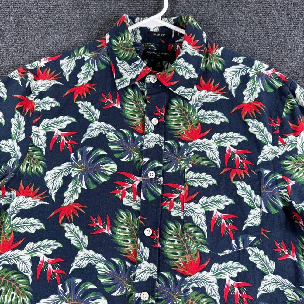 Banana‎ Republic Button Up Mens M Medium Blue Tropical Floral Linen Cotton Slim